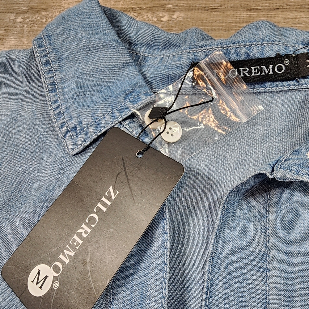 NWT ZILCREMO Blue Chambray Button Down Denim Shirt Dress Short Sleeve Medium - Picture 4 of 12